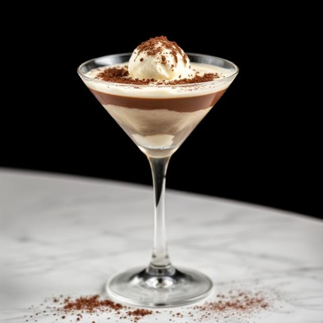 An Affogato Martini served in a sleek martini glass, featuring a creamy blend of espresso and liqueur with a scoop of vanilla ice cream floating on top and chocolate dusting—fusing dessert decadence with cocktail elegance.